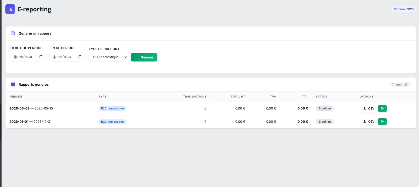 Onglet E-reporting du module Factur-X : rapports par mois et par type d’opération dans le back-office PrestaShop