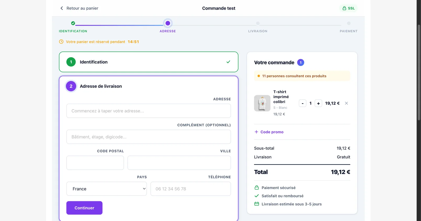 Étape adresse du checkout avec autocomplétion