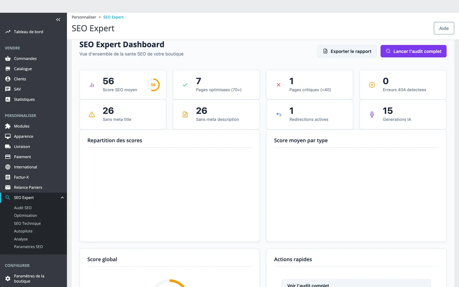 Tableau de bord SEO Expert : score global et actions rapides
